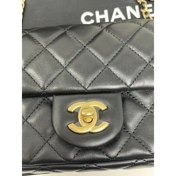 CHANEL 22S Black Mini Rectangle Pearl Crush Braid Gold Ball Flap Bag Unused - Picture 16 of 16